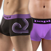 Black and purple papi brand microfiber boxer briefs with stylized graphic design front 2 pack size s