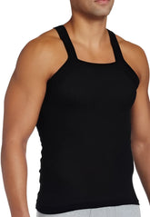Black form-fitting 2xist essential square cut tank top with wide shoulder straps in size large