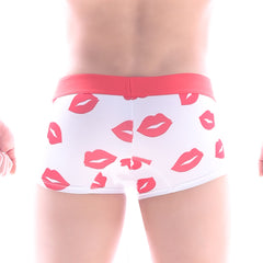 White briefs with pink lipstick print pattern and coral waistband metro male wear valentine short boxer white 7 inch