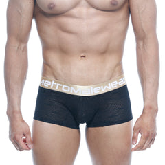 Black lace MetroMaleWear carve short boxer briefs with gold logo waistband in black 7 inch length 2022-61