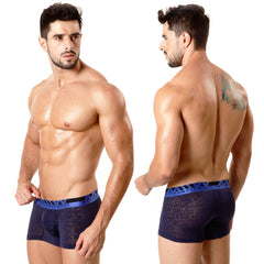 Navy blue men’s briefs with textured pattern and bright blue waistband featuring metallwear brand name metro male wear
