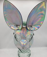 Exotic bunny mask with iridescent holographic reflective surface and oversized ears for costume or party use