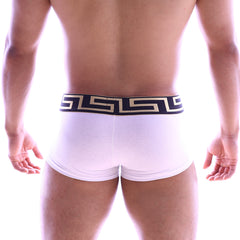 White briefs with black and gold Greek key patterned waistband from MetroMaleWear Asian Short Boxer 2026-00 collection