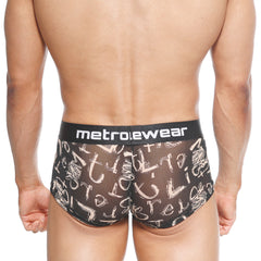 Black mesh briefs with white graffiti lettering and black waistband featuring metroewear logo metro malewear asian trunk