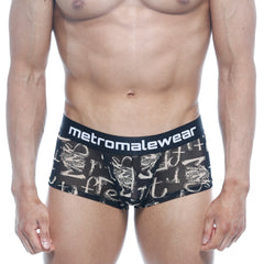 Black mesh briefs with white graffiti print and metromalewear waistband from the metromalewear asian trunk oraculo 2026-03