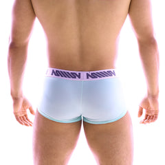 Light blue men’s briefs with purple logo waistband band from MetroMaleWear Asian Short Boxer Green 2026-07 collection