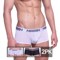 White men’s briefs with gray metromalewear logo band featuring repeating brand name in metro malewear asian short boxer 2pk