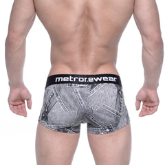 Black and gray denim-patterned boxer briefs with black waistband featuring metrorewear logo metro male wear 2026-55