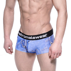 Blue denim-patterned boxer briefs with black metromalewear logo waistband metroMaleWear asian short boxer denim blue 2026-56