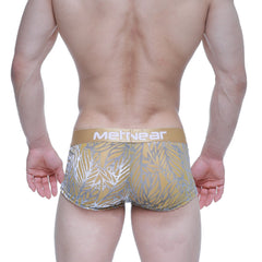 MetroMaleWear elegant short boxer 2026-65 gold and silver leaf patterned men’s briefs with metallic waistband front view