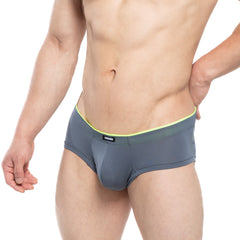 Gray textured briefs with neon green waistband and black brand tag from metromalewear cheek sesgos 2028-77