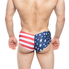 MetroMaleWear CHEEK USA 2028-90 swim trunks featuring American flag red white stripes and blue with white stars design