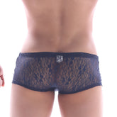 Black lace briefs with intricate floral patterns and subtle brand logo on waistband from MetroMaleWear Enhancement Boxer Lace Navy 2043-73