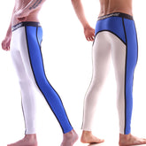 Blue and white snug fit athletic leggings with black trim and menwear logo on waistband from MetroMaleWear
