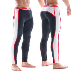 Black and white snug fit athletic leggings with red trim and ashny brand waistband from MetroMaleWear 2053-20