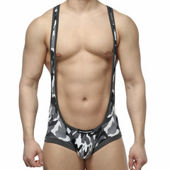 MetroMaleWear camo grey men’s wrestling singlet with black gray and white camouflage pattern and snug fit