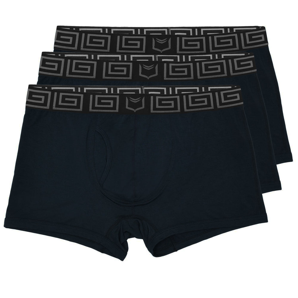 Black sheath 2.1 bamboo men’s dual pouch trunks with gray geometric waistband in a 3 pack set