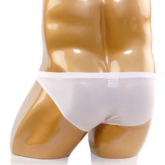 White smooth-textured briefs from MetroMaleWear Cannon hip brief series displayed on a mannequin front view