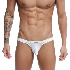 White mens thong hip brief by metromalewear in white with a small red logo on the waistband