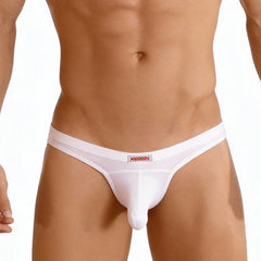 Metro male wear cannon hip brief nude white thong with red and black logo on waistband front view