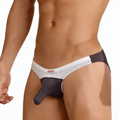 Black and white mesh metro malewear cannon hip brief with solid black pouch and madara waistband