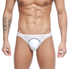 White MetroMaleWear Arc bikini thong with black front branding designed for comfortable everyday wear