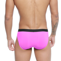 Bright pink MetroMaleWear Expose brief with black elastic waistband designed for comfortable everyday wear