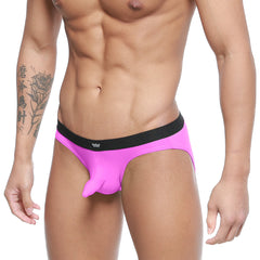 Bright pink MetroMaleWear Expose brief with black waistband featuring wni logo designed for men’s comfort and style