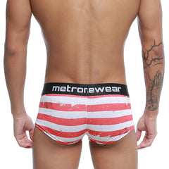 Red and white striped men briefs with distressed design and black metronewear waistband metroMalewear castro trunk batalla 2213-92