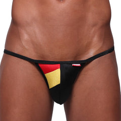 Black thong bikini with red and gold german flag panels and small red brand tag on waistband from MetroMaleWear Fantasia