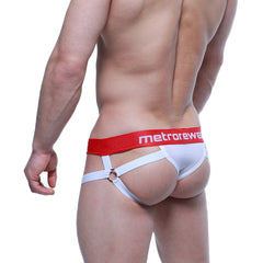 White and red metro male wear calypso jock thong briefs with branded waistband in front view