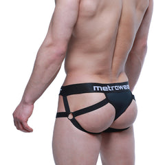 Black MetroMaleWear Calypso jock thong briefs with strappy harness design and central ring for men