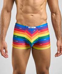 Justin + Simon classic boxer vibrant rainbow striped men’s boxer briefs with chevron pattern and elastic waistband
