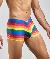 Justin + Simon classic boxer rainbow-striped men’s boxer briefs with j+s logo printed across the fabric