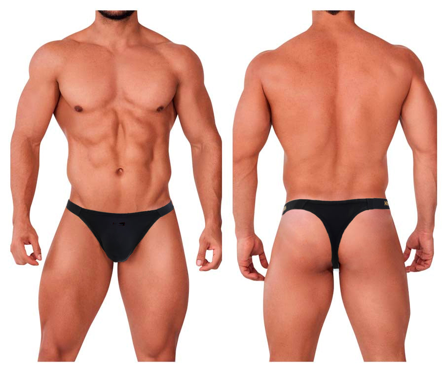 Black thong briefs by MetroMaleWear Estrema featuring sleek minimalist design and subtle branded waistband in black
