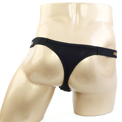 Black MetroMaleWear Estrema thong with narrow waistband and gold lettering on the sides in style 2332-20
