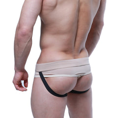 Beige and black sleek form-fitting athletic briefs from metromalewear ajax jock thong nude 2711-04