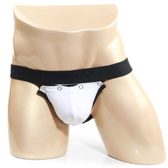 White and black MetroMaleWear American jock strap briefs with wide elastic waistband and silver grommets