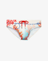 2EROS V10 printed swim brief in coralscape blue with coral pattern and red drawstring waist.