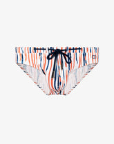 Front view of terracotta and blue striped swim brief with a dark blue drawstring and a small logo.