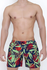 Men’s 2EROS Australiana shorts swimwear navy blue swim trunks with vibrant red tropical floral pattern size XL