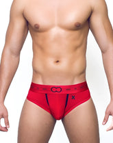 Red men’s briefs with black trim and 2eros logo on waistband in size large from the x series passion u2151pa collection