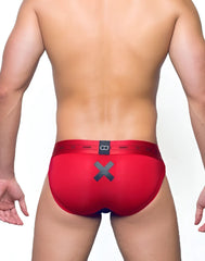 Back side of red 2EROS X Series brief underwear with gray x logo and matching branded elastic waistband size L