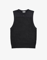 2EROS black knit tank top with a crew neck and open-weave mesh pattern displayed flat.