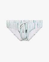 2EROS cool mint swim brief with a watercolor vertical stripe pattern and white drawstring featuring metal aglets.