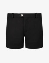 2EROS Trinity black shorts featuring a structured waistband with belt loops and a single silver button closure.