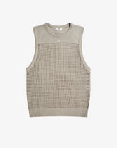 Flat lay of 2EROS Miami grey knit tank top featuring a sleeveless design and open mesh pattern.