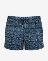 2EROS S50 Naiad Navy swim shorts featuring a blue and white wavy dash print, elastic waistband, and navy drawstring.