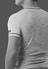 A heather gray 2xist static deep v neck t shirt with subtle striped trim on neckline and sleeve cuffs in size L