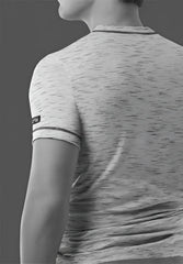A heather gray 2xist static deep v neck t shirt with subtle striped trim on neckline and sleeve cuffs in size L